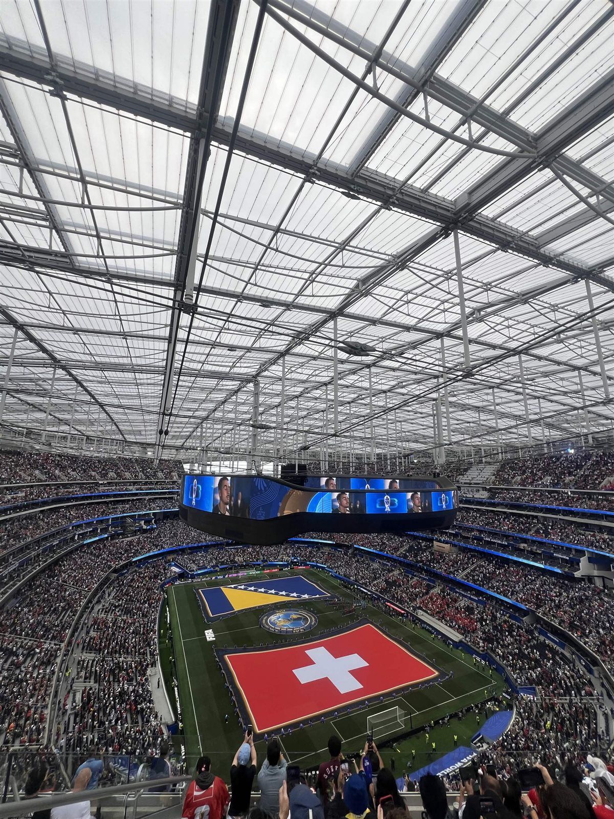 View of the stadium with the Switzerland and Bosnia flags laid out on the pitch before the 2026 FIFA World Cup group stage match